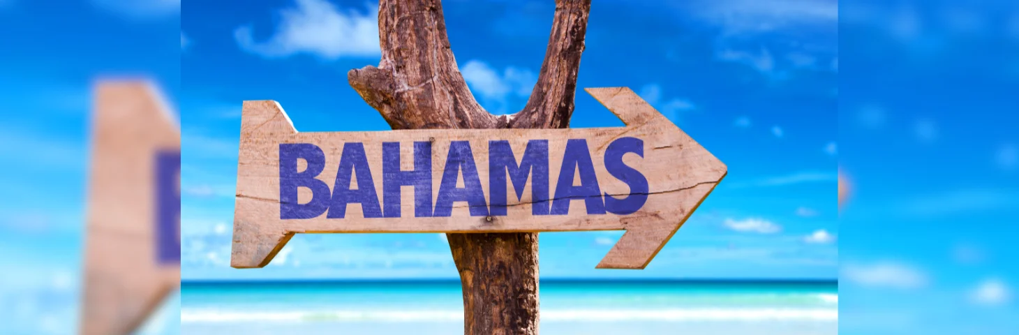 An arrow sign saying 'Bahamas' nailed to a tree 