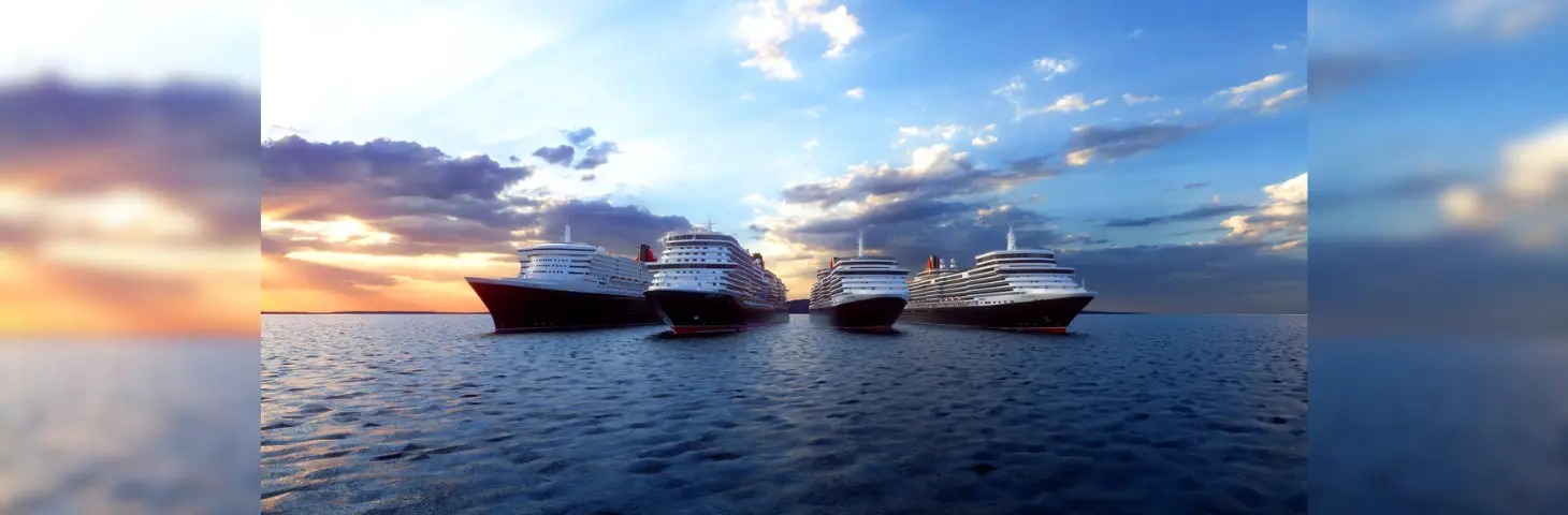 Image of the four Cunard vessels at sea. 