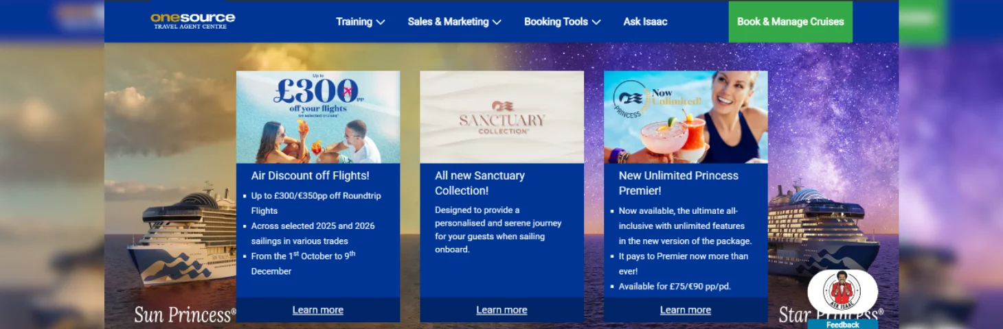 The landing page of the newly-relaunched Princess Cruises OneSource agent platform