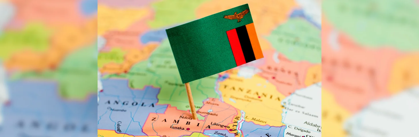 A small flag stuck into Zambia on a map of Africa.