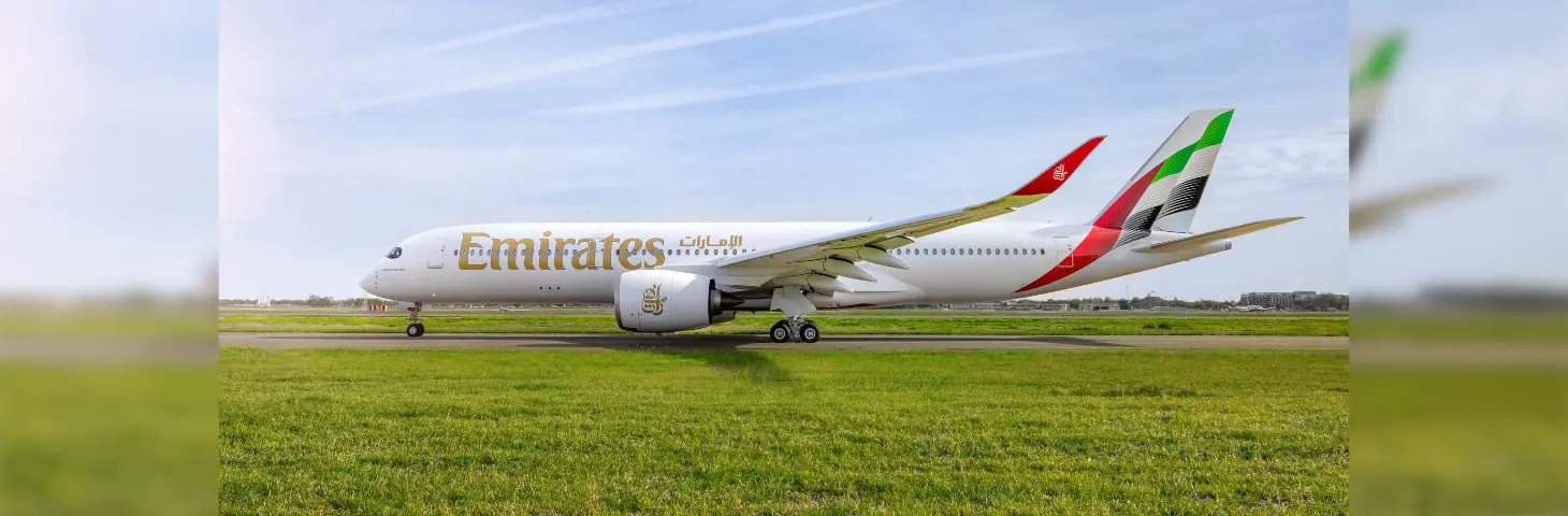 Image of an Emirates A350 aircraft on a runway