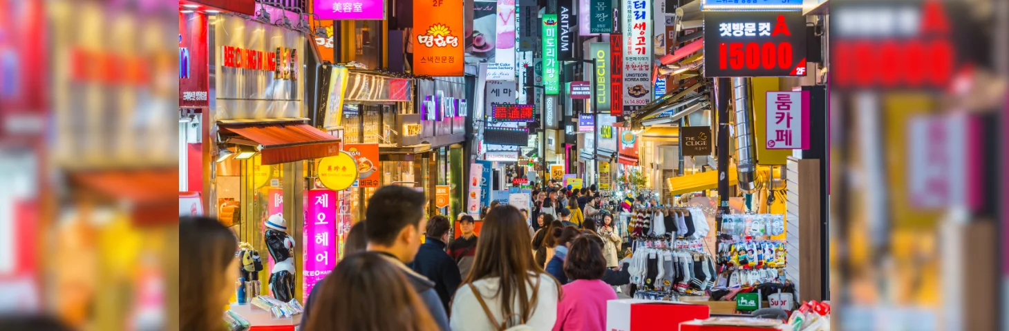 Seoul crowds pedestrianised shopping streets Myeongdong city nightlife Korea