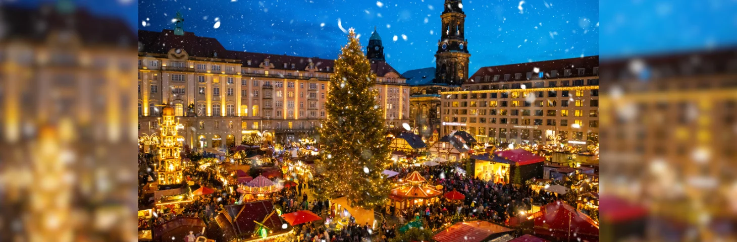 An aerial photo of the Christmas Market in Dresden, Germany.