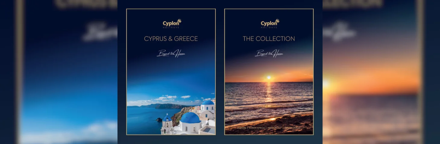 The front covers of Cyplon Holidays' 2025 brochures, 'Cyprus & Greece' and 'The Collection' 