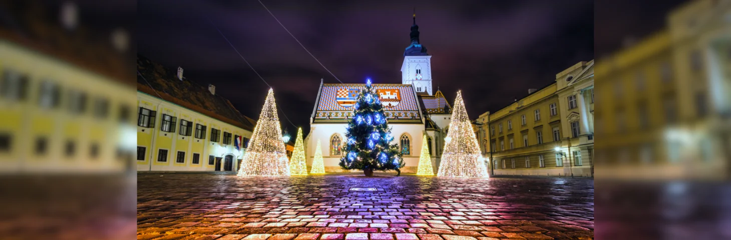 Christmas trees illuminated in St. Mark's Square/Piazza San Marco, Zagreb, Croatia.